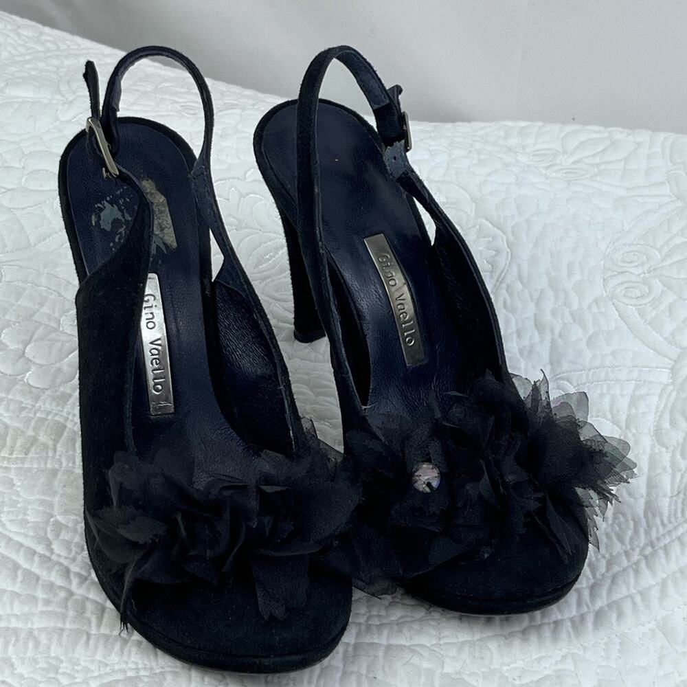 Gino Vaello Women's Size 7 Black Suede Sling Back Peek A Boo Toe Heel Pumps